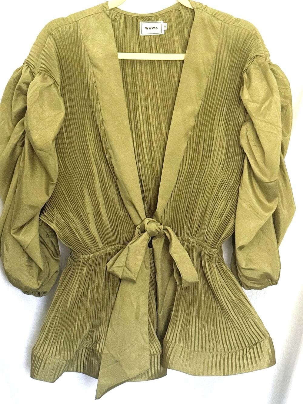 Olive Green Wom's Plisse' Pleated Blouse Cotton Balloon Sleeves, Tie Waist, 1XL